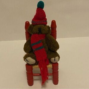 Small Bear in Wooden Chair – Plush Figurine – Holiday Decor - 6” Tall